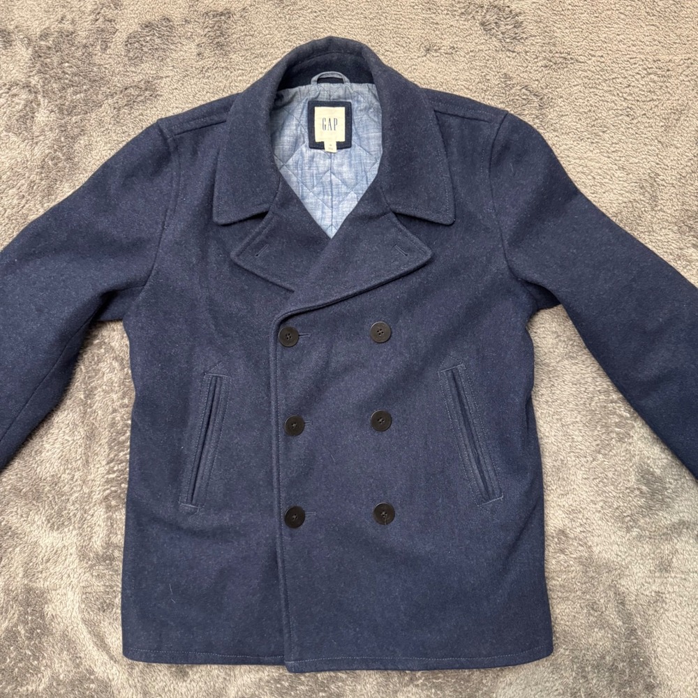 Gap Mens Navy Blue Wool Blend Double Breasted Pea Coat Jacket Size M